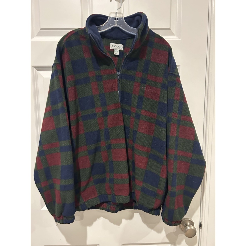Vtg 90s IZOD Plaid Fleece Pullover 1/4 Zip Sweater Mens Size M Green Red Navy